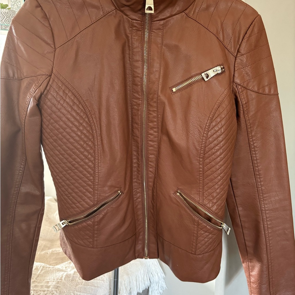 Guess Tan Leather Jacket with Quilted Design